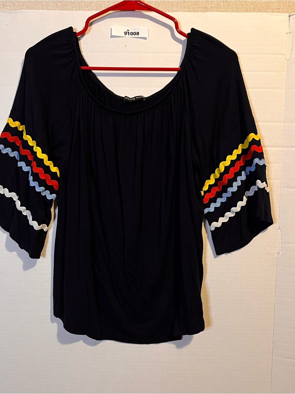 Women's Dark Blue Peasant Top with Multicolor Ric Rac Trim
